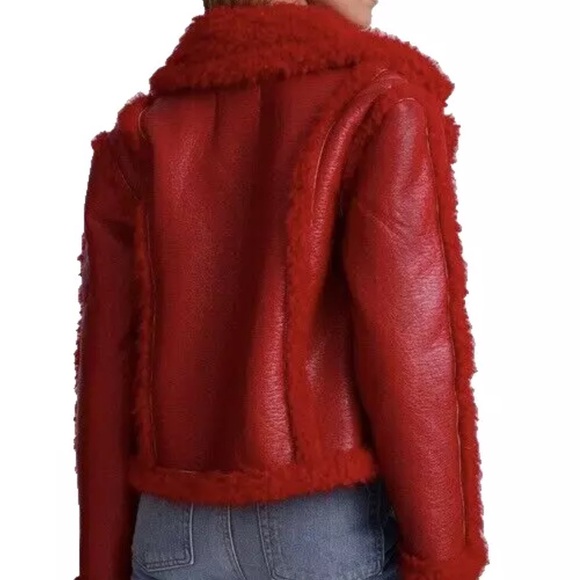 7 FOR ALL MANKIND Stella Red Vegan Leather Faux Shearling Cropped Jacket XS- NWT - Picture 6 of 6